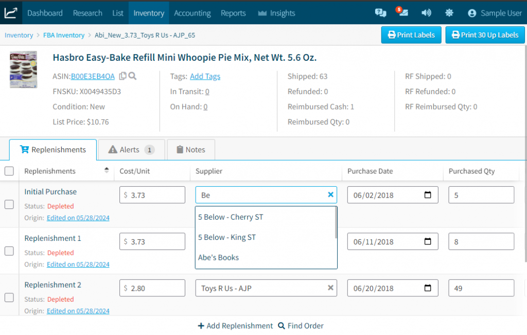 Changing the supplier for the initial purchase of an item on InventoryLab's Inventory Replenishments screen.