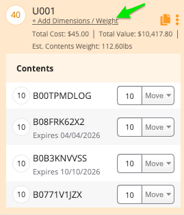 New button for adding dimensions / weight while packing